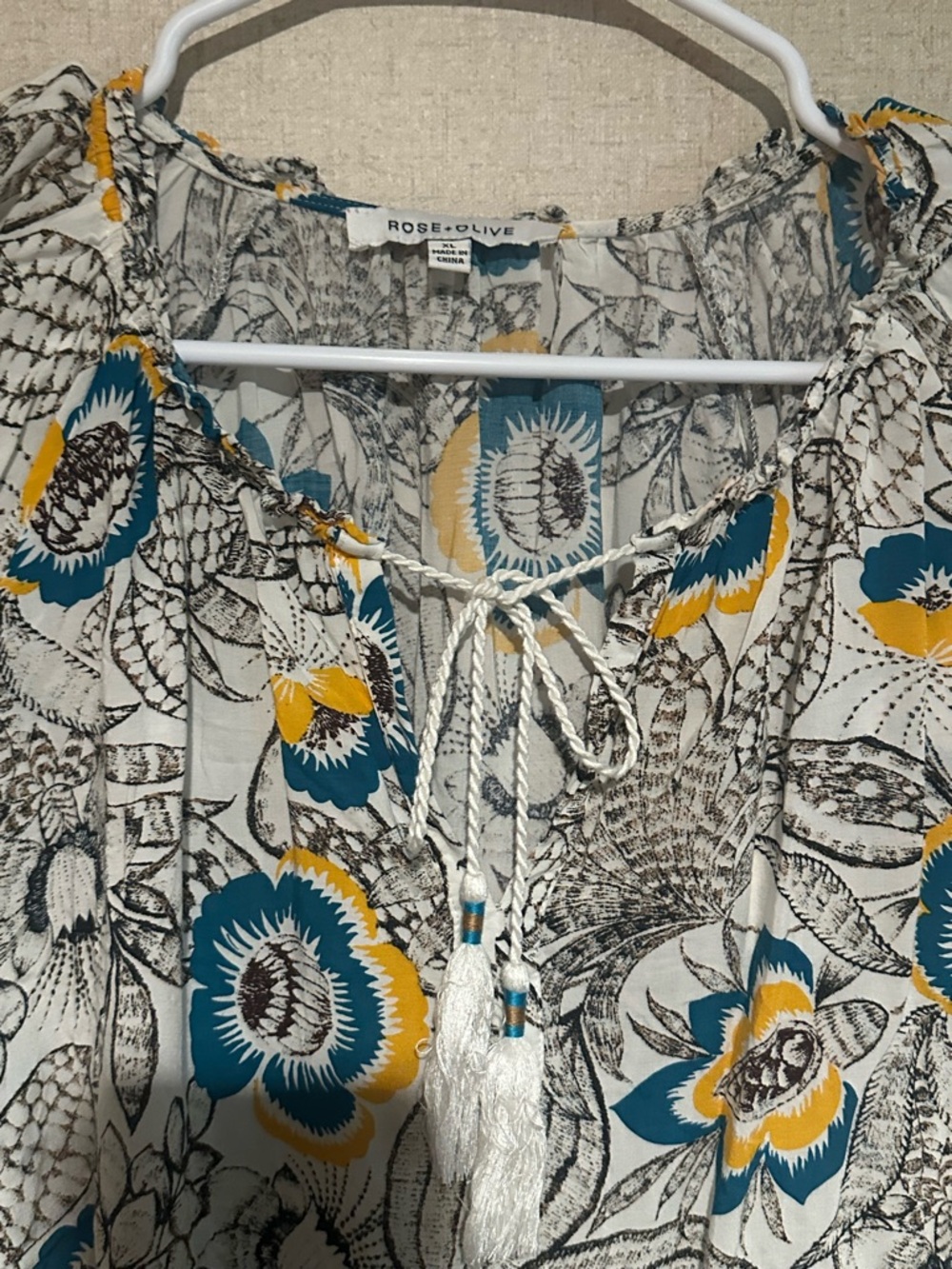 Rose & Olive XL Teal Yellow Boho Tassel Keyhole Back Festive Blouse - Picture 2 of 5